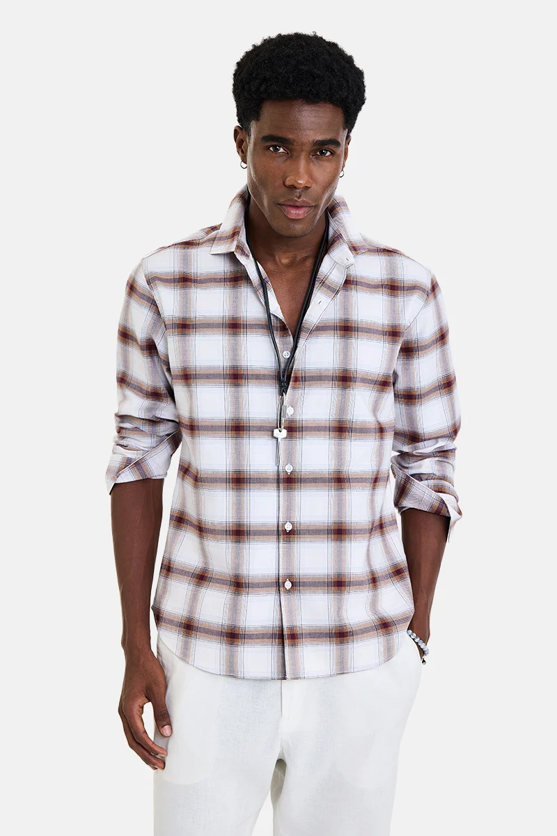 SNITCH Brown Checkered Long Sleeve Regular Fit Casual Shirt