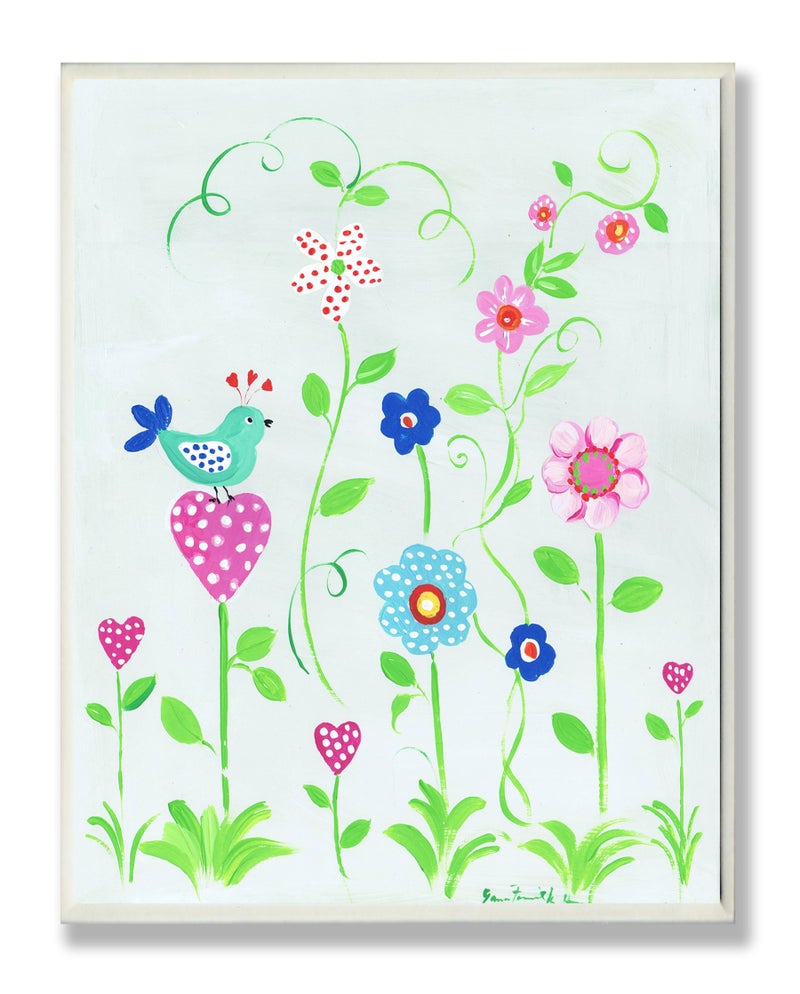 Stupell Industries The Kids Room by Stupell Blue Bird Perched on Polka Dot Heart Flower Rectangle Wall Plaque - Image 3