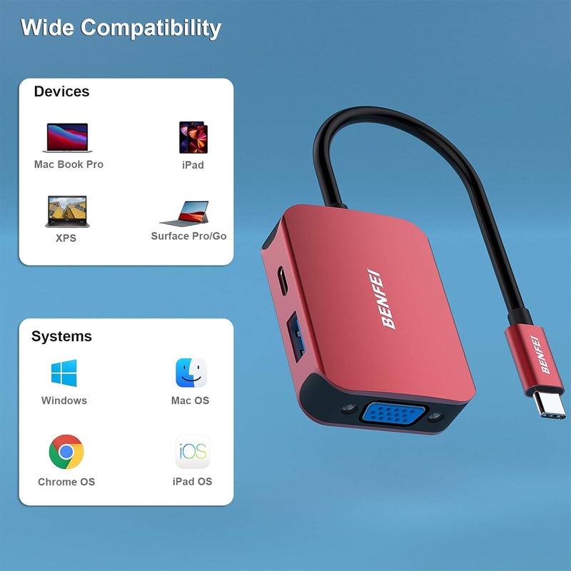 Benfei USB C HUB 4-in-1, USB Type-C to HDMI VGA Adapter, USB C to USB Adapter, USB Type-C Power Delivery, Compatible with iPhone 15 Pro/Max, MacBook Pro/Air 2023, iPad Pro, iMac, S23, XPS 17 - Image 3