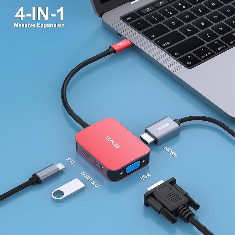 Benfei USB C HUB 4-in-1, USB Type-C to HDMI VGA Adapter, USB C to USB Adapter, USB Type-C Power Delivery, Compatible with iPhone 15 Pro/Max, MacBook Pro/Air 2023, iPad Pro, iMac, S23, XPS 17 - Image 2