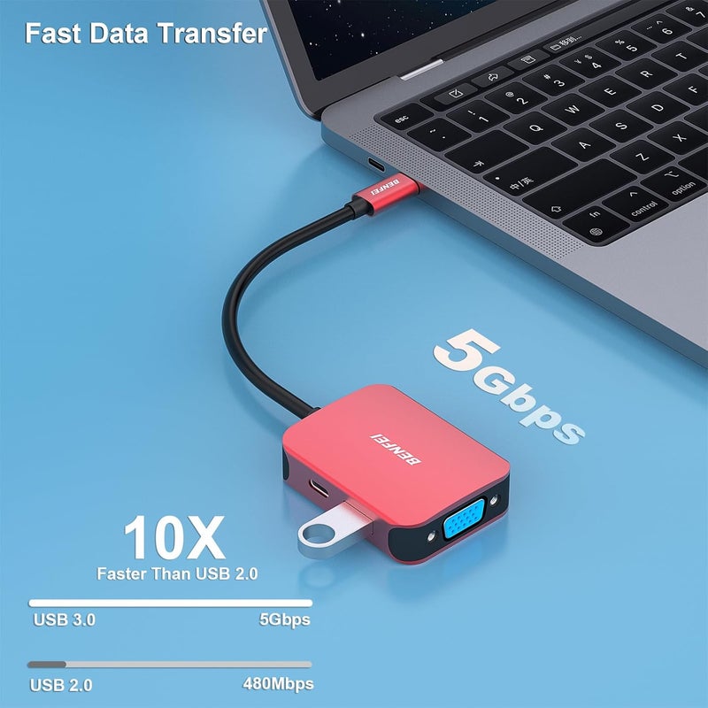 Benfei USB C HUB 4-in-1, USB Type-C to HDMI VGA Adapter, USB C to USB Adapter, USB Type-C Power Delivery, Compatible with iPhone 15 Pro/Max, MacBook Pro/Air 2023, iPad Pro, iMac, S23, XPS 17 - Image 4