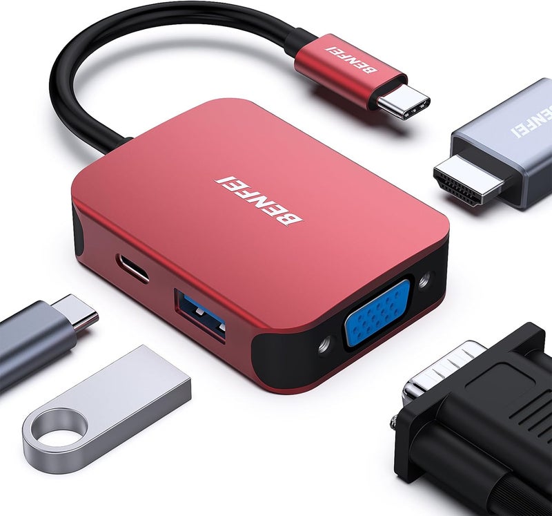 Benfei USB C HUB 4-in-1, USB Type-C to HDMI VGA Adapter, USB C to USB Adapter, USB Type-C Power Delivery, Compatible with iPhone 15 Pro/Max, MacBook Pro/Air 2023, iPad Pro, iMac, S23, XPS 17 - Image 1