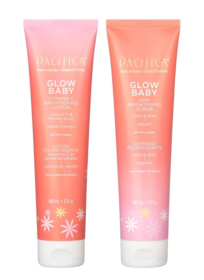 Pacifica Pacifica Beauty Glow Baby Vitamin C Brightening Body Lotion and AHA Brightening Body Scrub Set, Bath and Body, Vitamin E, Kakadu, Moisturizing, Exfoliating, Hydrating, Vegan, 5 fl oz Each (Set of 2)  - Image 1
