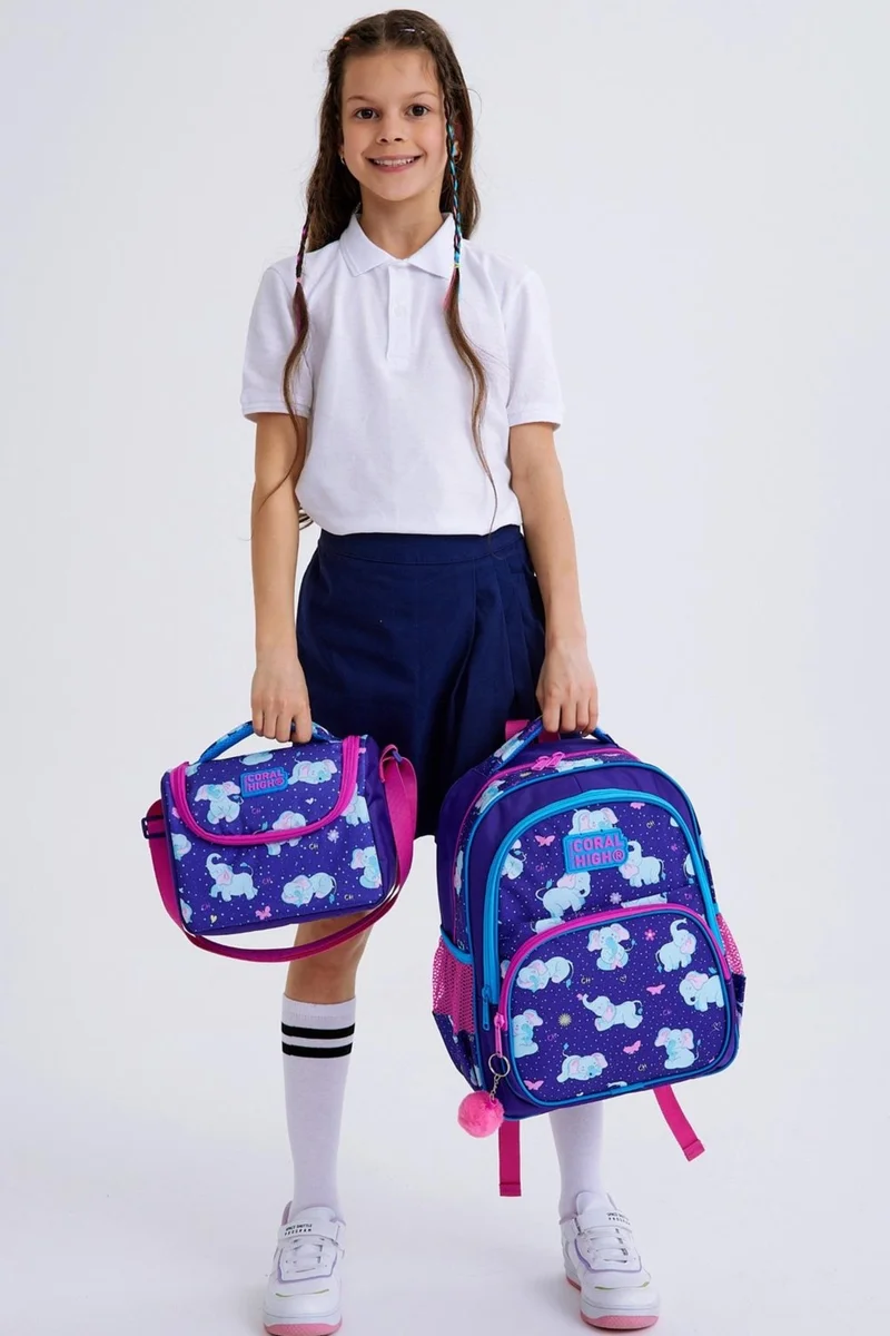 كورال هاي Kids Purple Pink Elephant Patterned 3-Piece School Bag Set SET0114411