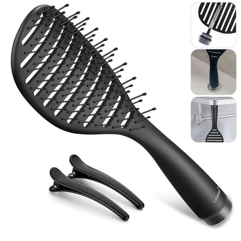 Hair Brush Curved Vented Hairbrush Faster Blow Drying Detangler Brush with a Built in Brush Cleaner Hair Clips and Magnetic Holder for women Men  Kids Detangling Brush for All Hairs  Black