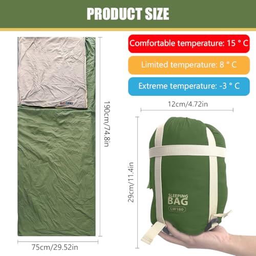 Proberos® Ultralight Cotton Sleeping Bag for Adults -3°C to 15°C (650g), Portable Thermal Sleeping Bag for Camping, Hiking, Trekking & Travel, Outdoor Adventure Gear (Green) - Image 2