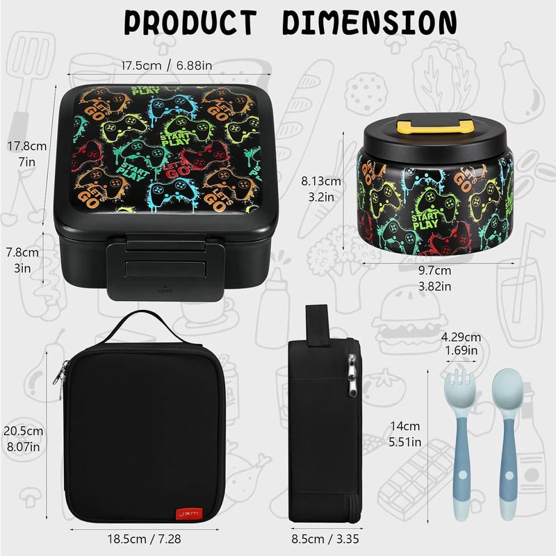 JXXM صندوق غداء بنتو للأطفال من JXXM، يحتوي على إبريق سوب سعة 8 أونصات، حاويات غداء مقاومة للتسرب مع 3 أقسام، وعاء طعام حراري، وحقيبة غداء، خالي من مادة BPA، مناسب للسفر والمدرسة (وحدة تحكم في الألعاب الإلكترونية). - Image 2