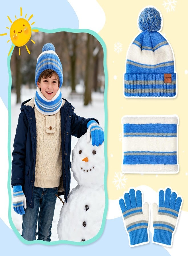 Bessteven Kids Winter Hat Scarf Gloves: Boys Beanie Hats Gloves Set for Ages 6-10 Warm Thick Fleece Lined Winter Set Knit Cap Snow Ski, Blue, One Size - Image 2