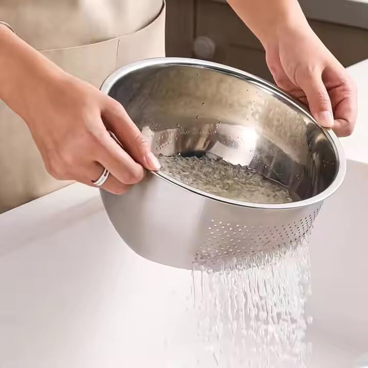 GALLY Heavy Duty 3in1 Stainless Steel Rice Bowl 304 Food Grade Rice Washer Strainer and Vegetable Basket Side Drain for Quick Cleaning Durable Kitchen Essential 26cm Silver - Image 1