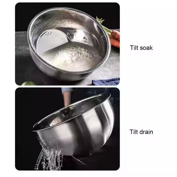 GALLY Heavy Duty 3in1 Stainless Steel Rice Bowl 304 Food Grade Rice Washer Strainer and Vegetable Basket Side Drain for Quick Cleaning Durable Kitchen Essential 26cm Silver - Image 4