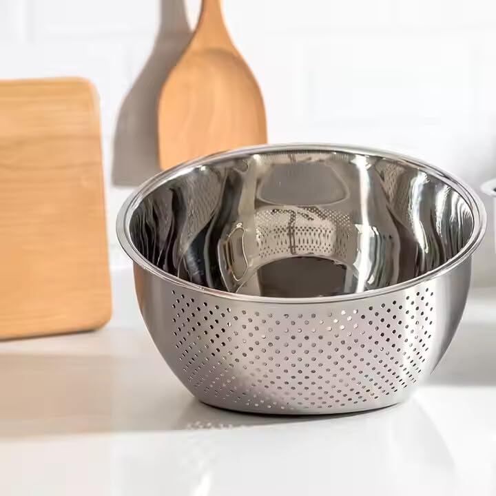 GALLY Heavy Duty 3in1 Stainless Steel Rice Bowl 304 Food Grade Rice Washer Strainer and Vegetable Basket Side Drain for Quick Cleaning Durable Kitchen Essential 26cm Silver - Image 5