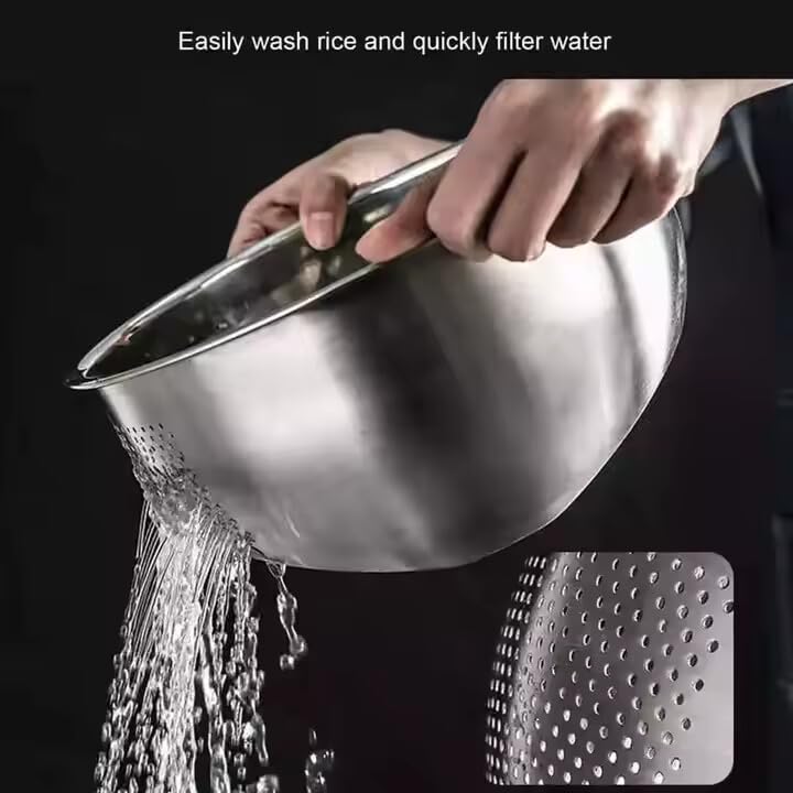 GALLY Heavy Duty 3in1 Stainless Steel Rice Bowl 304 Food Grade Rice Washer Strainer and Vegetable Basket Side Drain for Quick Cleaning Durable Kitchen Essential 26cm Silver - Image 3
