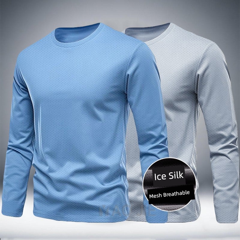 Spring and summer plus size ice silk mesh men's quick-drying long-sleeved round-neck sports running clothes fat T-shirt fitness training clothes - Image 1