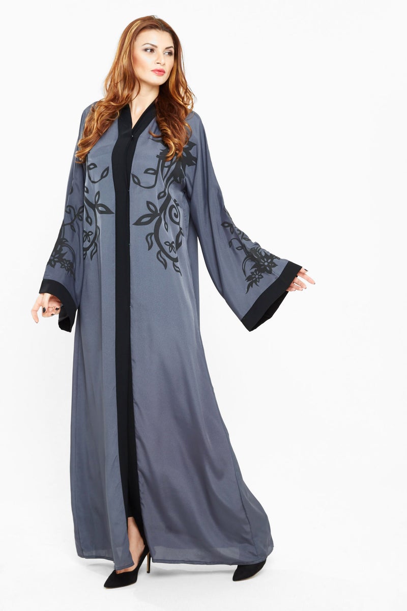 NUKHBAA A rich grey abaya with floral lace studded with beads and sequins-AJ427A - Image 3