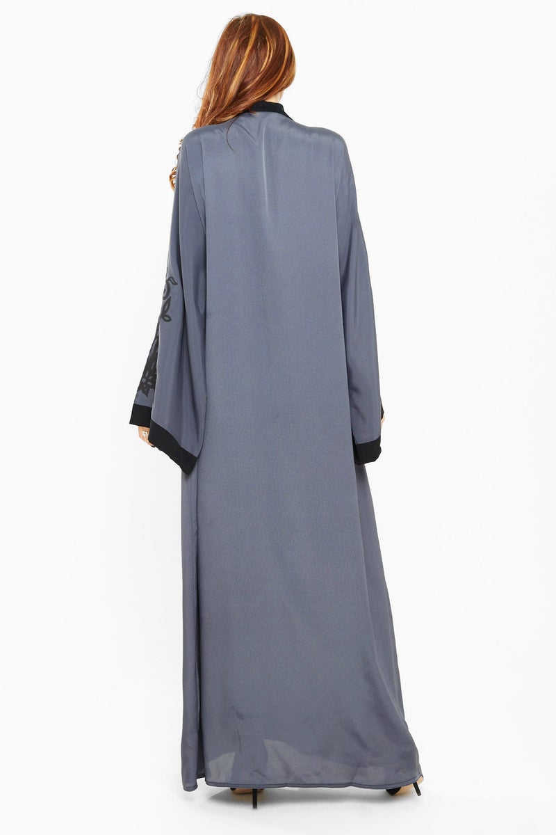 NUKHBAA A rich grey abaya with floral lace studded with beads and sequins-AJ427A - Image 2