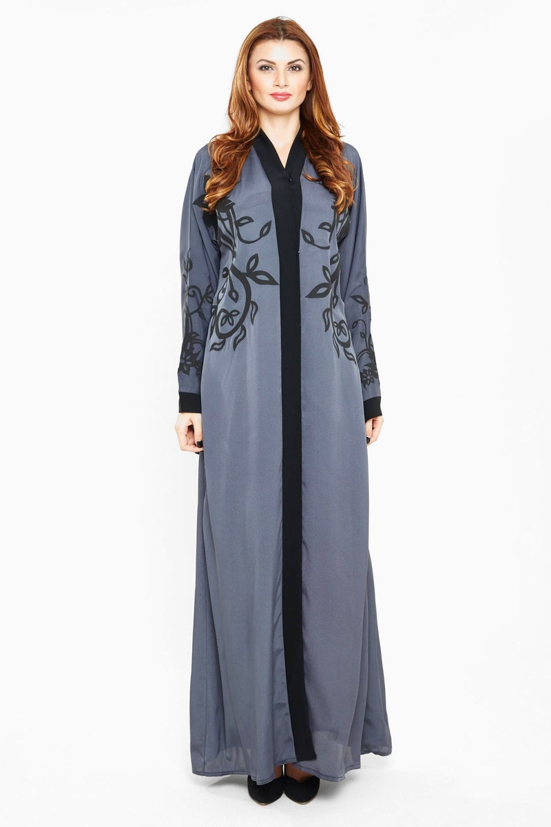 NUKHBAA A rich grey abaya with floral lace studded with beads and sequins-AJ427A - Image 1