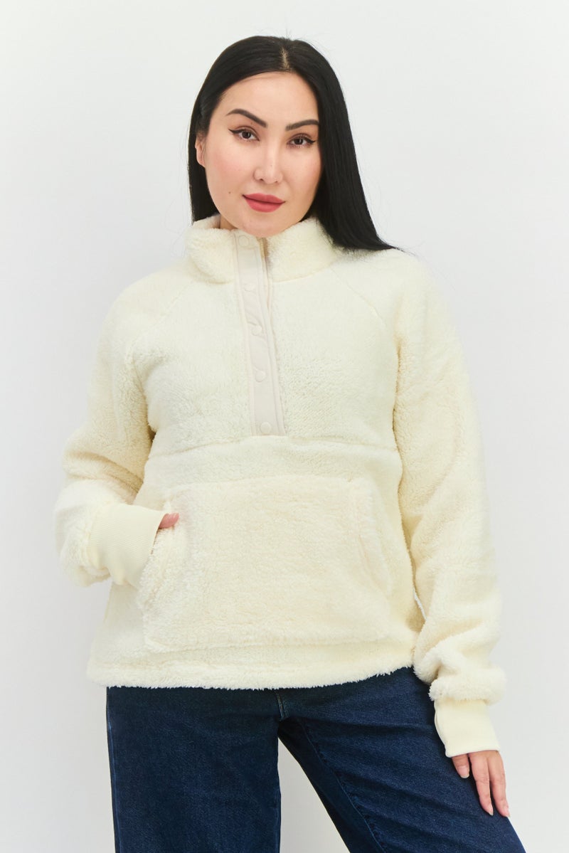 Bearpaw Women High Neck Long Sleeves Faux Fur Sweatshirt, Cream - Image 1