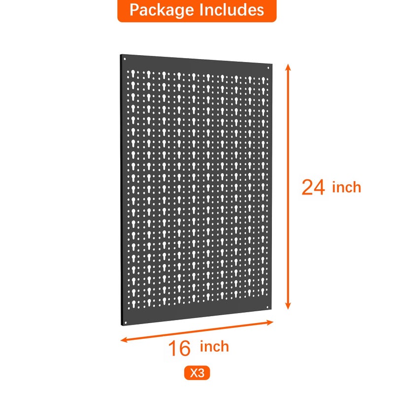 TORACK 3 PCS Metal Pegboard Panels for Garage Wall Utility Tools Storage Pegboard for Workbench, Modular Peg Board Tool Organizer Board Kit(Pack of 3, Black) - Image 3
