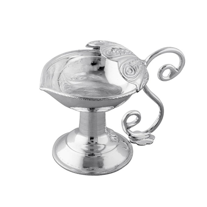 PURE SILVER DIYA DEEPAK OIL LAMP WITH HANDLE FOR PUJA AARTI IN 925 HALLMARK SILVER WEIGHT 35 GRAMS EASY HANDLING FOR DIWALI POOJA OTHER FESTIVALS SILVER GIFT FOR ALL OCCASIONS