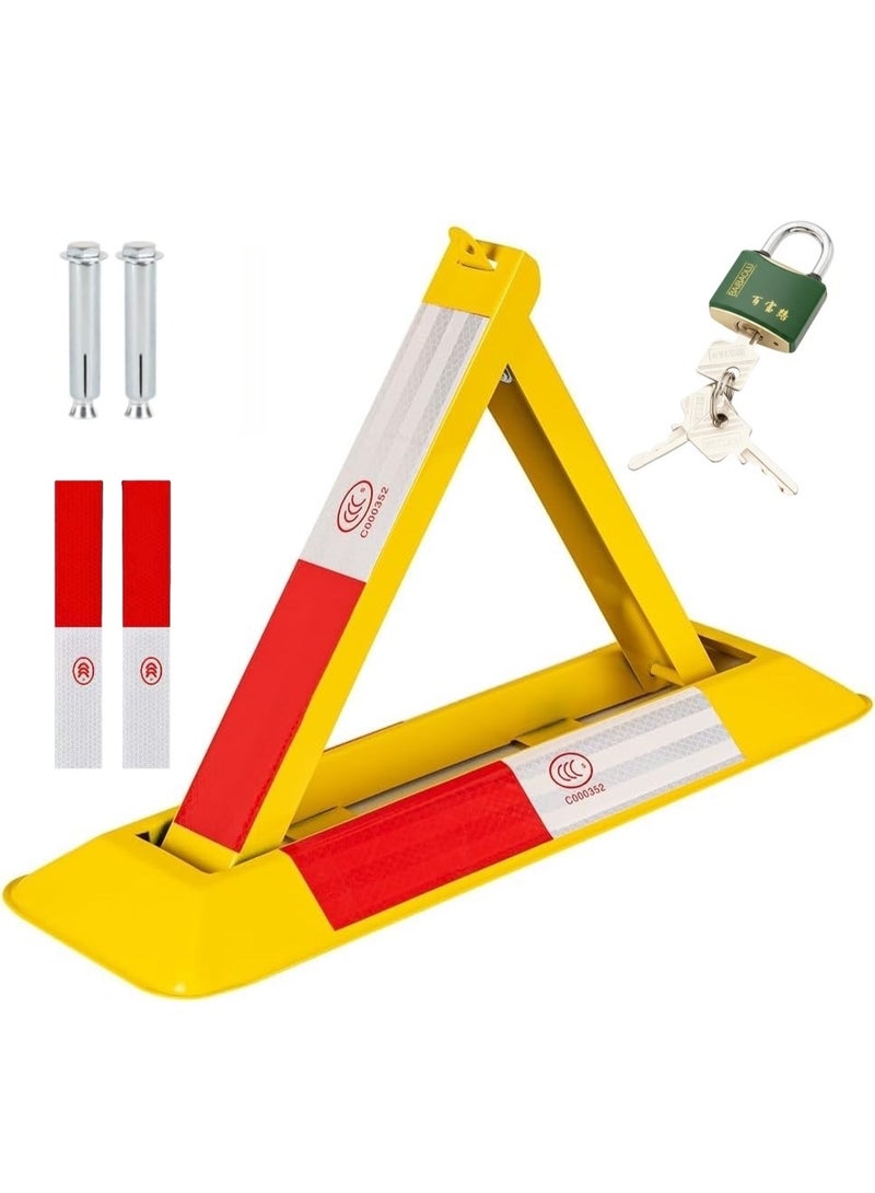 حاجز مواقف السيارات القابل للطي، قفل مواقف السيارات اليدوي القابل للإغلاق، يشمل شرائط تحذير عاكسة، مسامير تثبيت وقفل مقاوم للماء، قفل للمساحات الخاصة في مواقف السيارات للمراكز التجارية والفنادق والمكاتب والمطارات. - Image 1