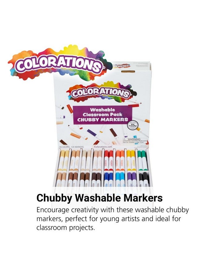 Colorations Washable Classroom Value Pack Chubby Markers - Set of 128, 16 Colors Colors, Non Toxic| Bulk School Supplies For Kids, Coloring Set, Kindergarten Must Haves, Preschool Essentials - Image 2