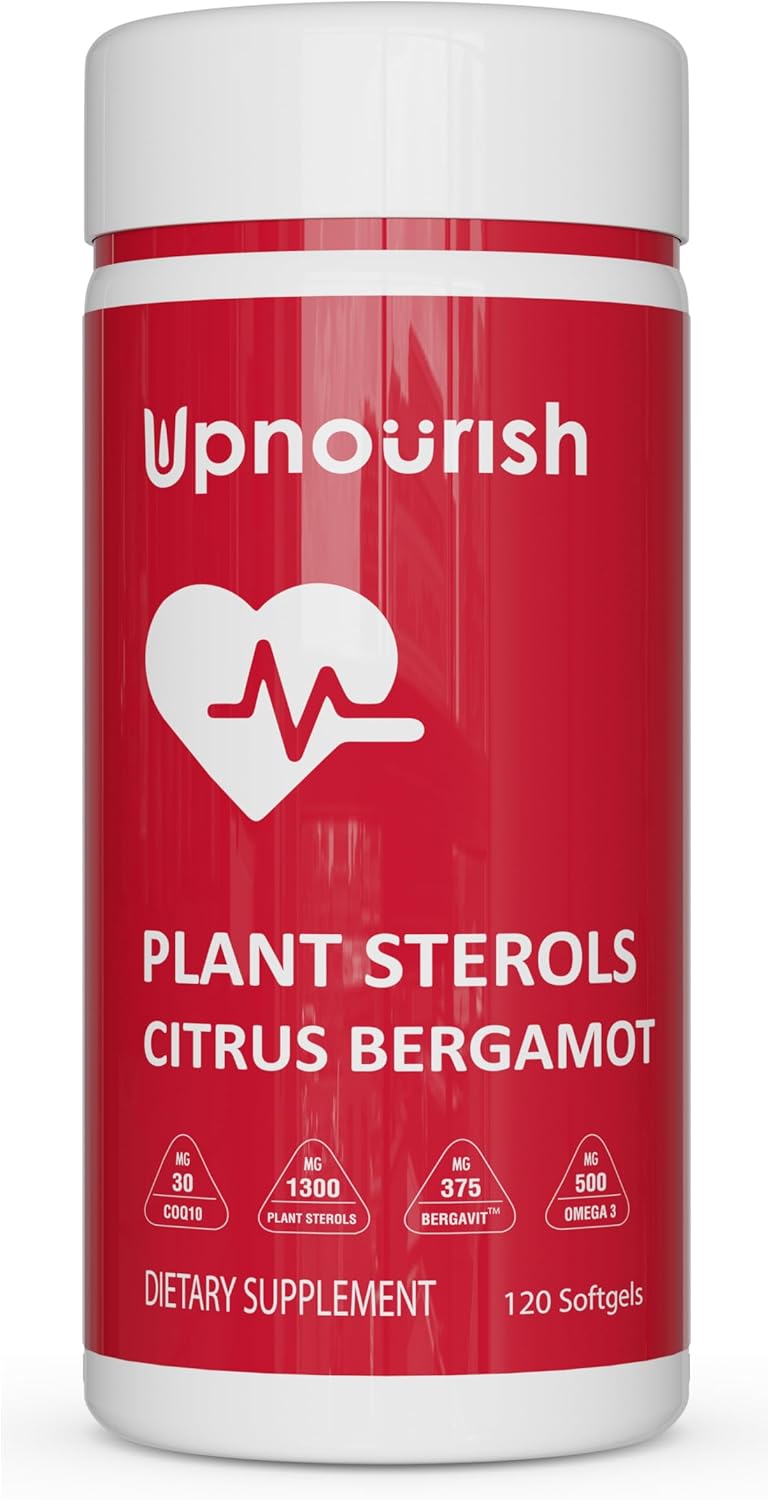 UpNourish Plant Sterols Citrus Bergamot Supplement for High Cholesterol with Stanols Heart Health Support with CoQ10 Omega 3 Olive Leaf Turmeric Curcumin Black Garlic and Niacin  120 Softgels - Image 1