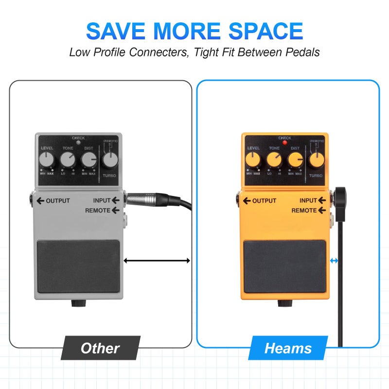 Heams 2 Pack Premium 12 Inch Stereo TRS Flat Patch Cables, Low Profile to Save More Space 1/4â€ TRS Flat Guitar Pedal Cables, Noise Free and Long-Lasting Right Angle Pedal Board Cables, Black - Image 4