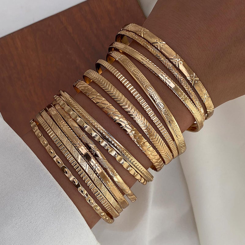 17IF 14 Pcs Gold Bangle Bracelet For Women, 14k Multilayer Charm Textured Stackable Bracelets Boho Indian Chunky Simple Cuff Fashion Jewelry Gift - Image 4