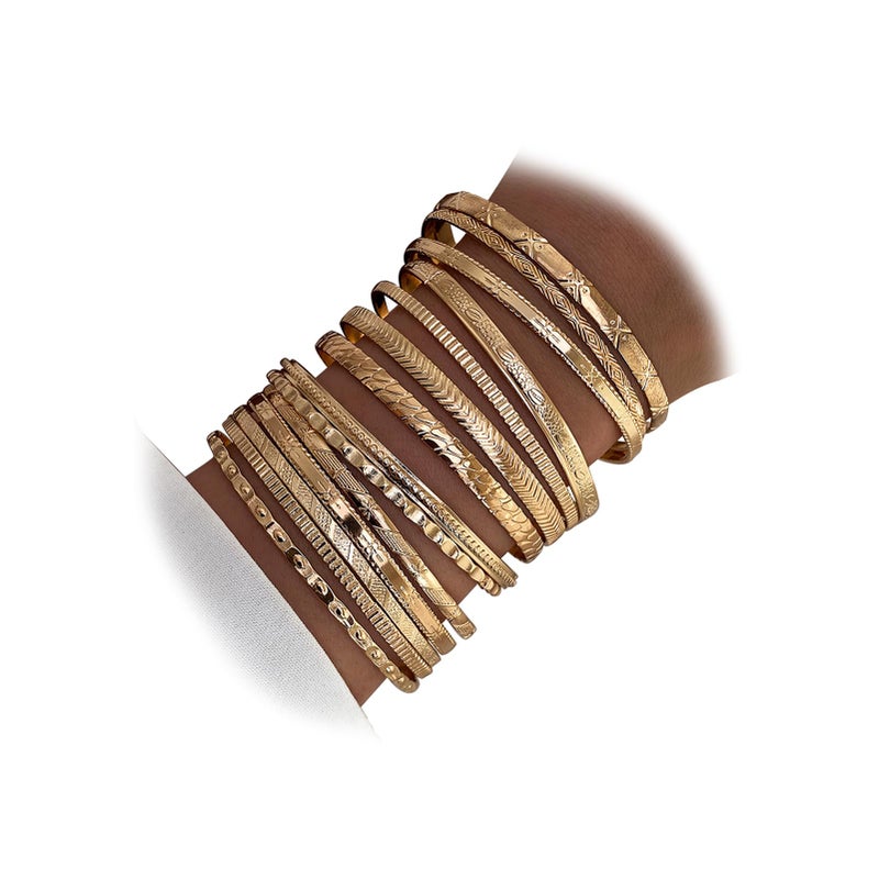 17IF 14 Pcs Gold Bangle Bracelet For Women, 14k Multilayer Charm Textured Stackable Bracelets Boho Indian Chunky Simple Cuff Fashion Jewelry Gift - Image 1