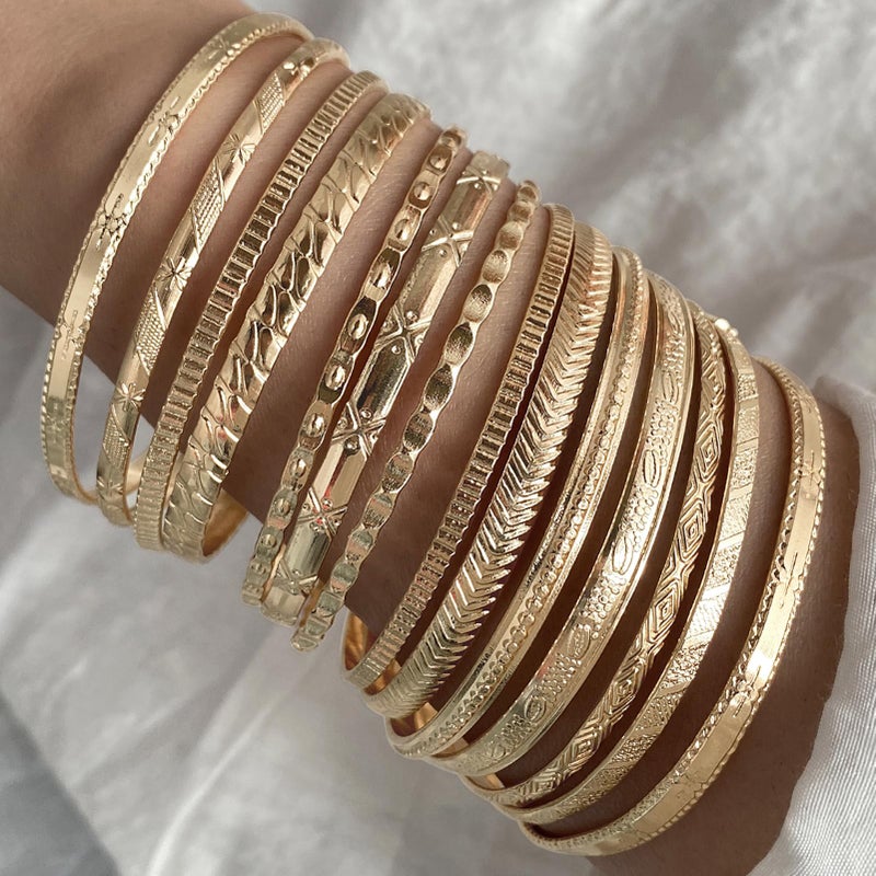 17IF 14 Pcs Gold Bangle Bracelet For Women, 14k Multilayer Charm Textured Stackable Bracelets Boho Indian Chunky Simple Cuff Fashion Jewelry Gift - Image 3