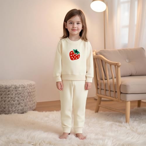 Amnnchya Toddler Clothes for Baby Girls Cute Strawberry Long Sleeve Sweatshirt Pants Girls Warm Fall Winter Outfits Set (Beige, 6-12 Months) - Image 2