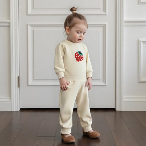 Amnnchya Toddler Clothes for Baby Girls Cute Strawberry Long Sleeve Sweatshirt Pants Girls Warm Fall Winter Outfits Set (Beige, 6-12 Months) - Image 4