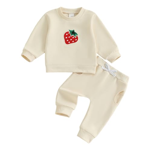 Amnnchya Toddler Clothes for Baby Girls Cute Strawberry Long Sleeve Sweatshirt Pants Girls Warm Fall Winter Outfits Set (Beige, 6-12 Months) - Image 1