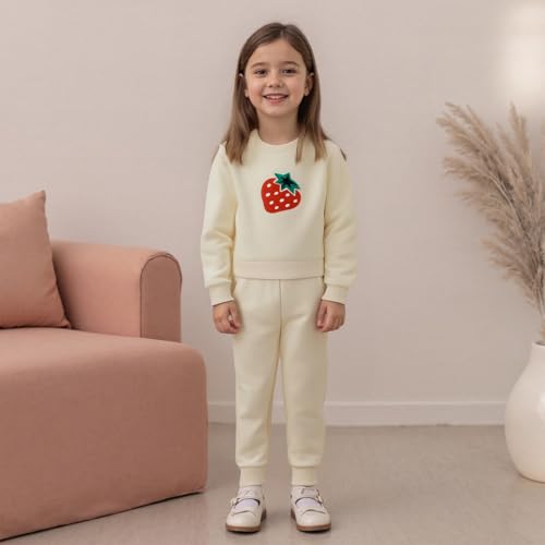 Amnnchya Toddler Clothes for Baby Girls Cute Strawberry Long Sleeve Sweatshirt Pants Girls Warm Fall Winter Outfits Set (Beige, 6-12 Months) - Image 3