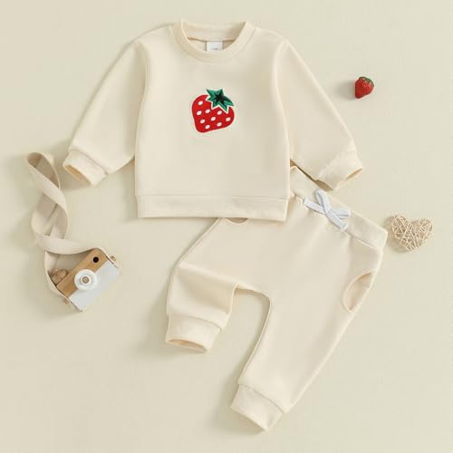 Amnnchya Toddler Clothes for Baby Girls Cute Strawberry Long Sleeve Sweatshirt Pants Girls Warm Fall Winter Outfits Set (Beige, 6-12 Months) - Image 5