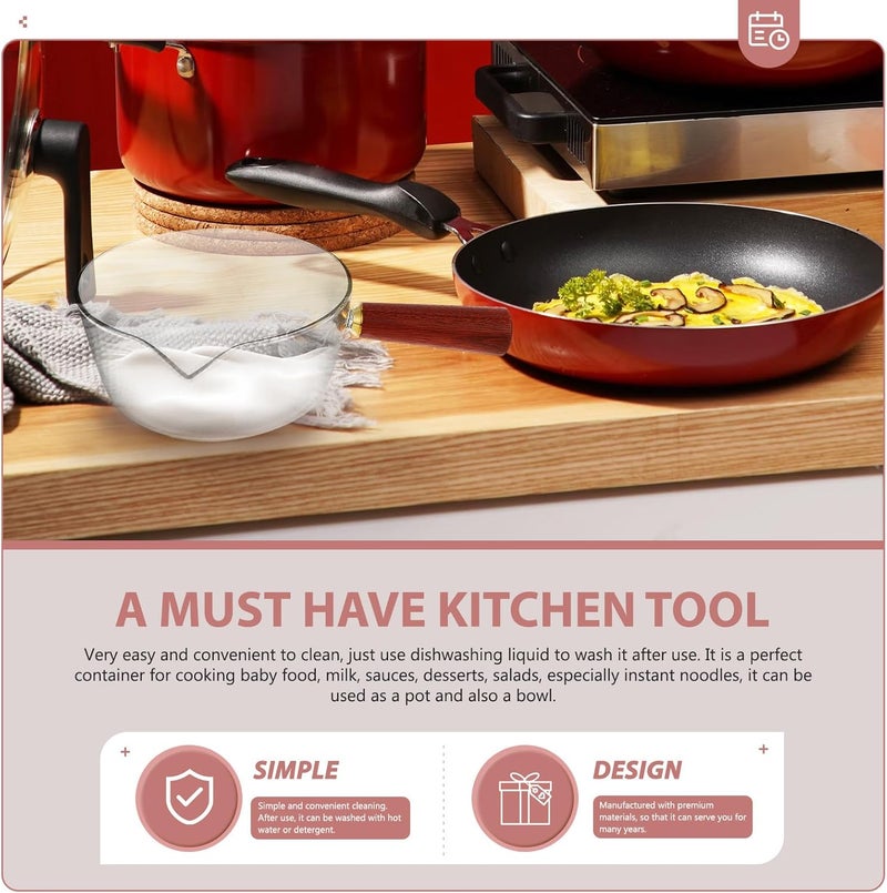 Beavorty Multipurpose Glass Milk Saucepan with Wooden Handle Large Size, Household Small Pot for Food Preparation and Soup Heating, Kitchen Cooking Gadget for Home Use - Image 3