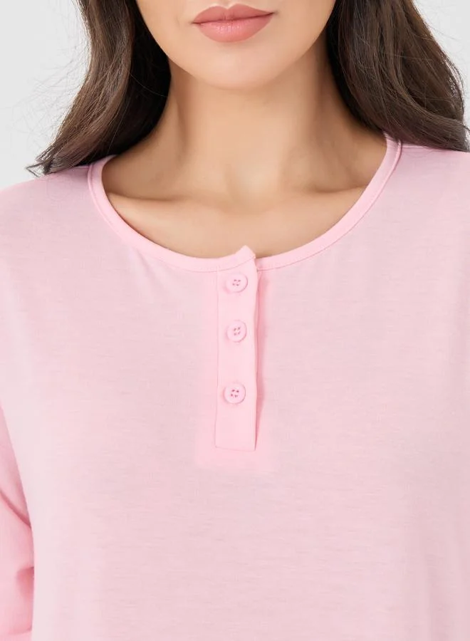 Take Two Take Two Solid Button Neck Round Neck Nightdress