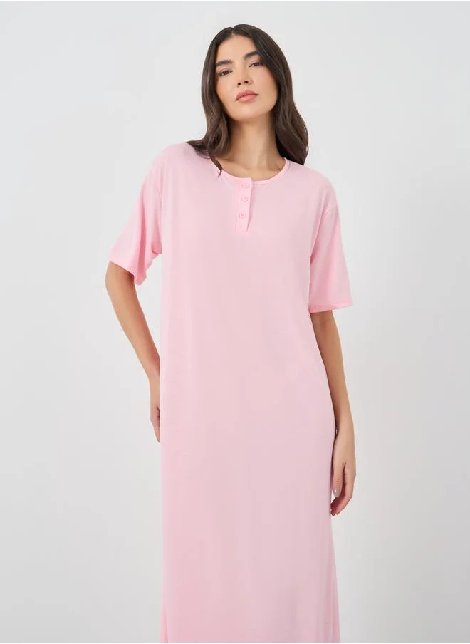 تايك تو Take Two Solid Button Neck Round Neck Nightdress