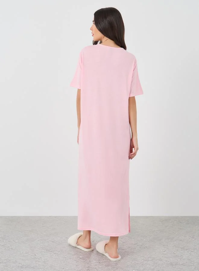 Take Two Take Two Solid Button Neck Round Neck Nightdress