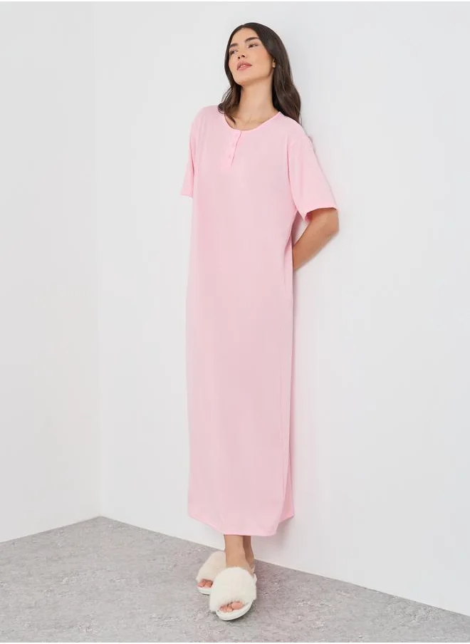 تايك تو Take Two Solid Button Neck Round Neck Nightdress
