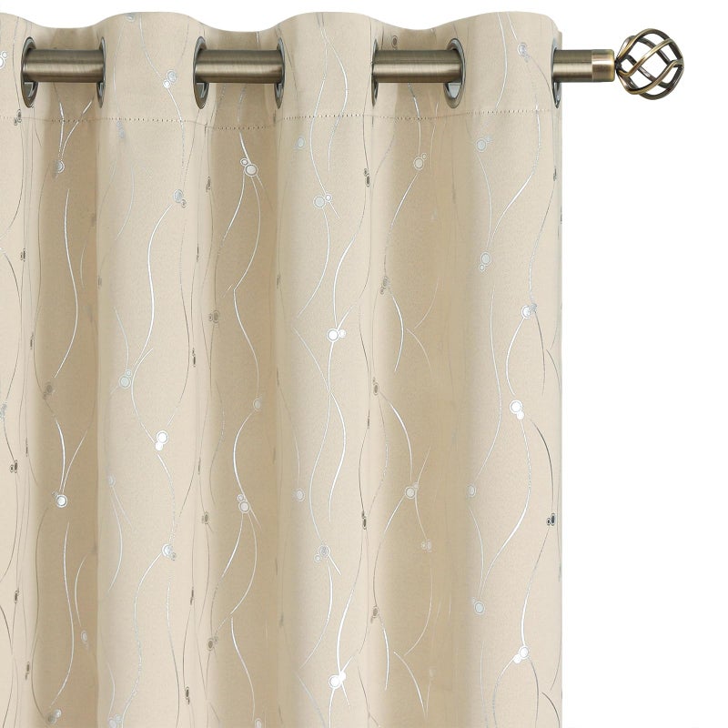 BGment Blackout Curtains 63 Inch Length 2 Panels Set, Grommet Thermal Insulated Blackout Curtains with Wave Line and Dots Printed for Bedroom, 2 Panels, Each 52 x 84 Inch, Champagne - Image 1