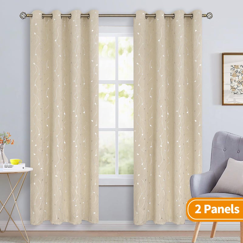 BGment Blackout Curtains 63 Inch Length 2 Panels Set, Grommet Thermal Insulated Blackout Curtains with Wave Line and Dots Printed for Bedroom, 2 Panels, Each 52 x 84 Inch, Champagne - Image 2