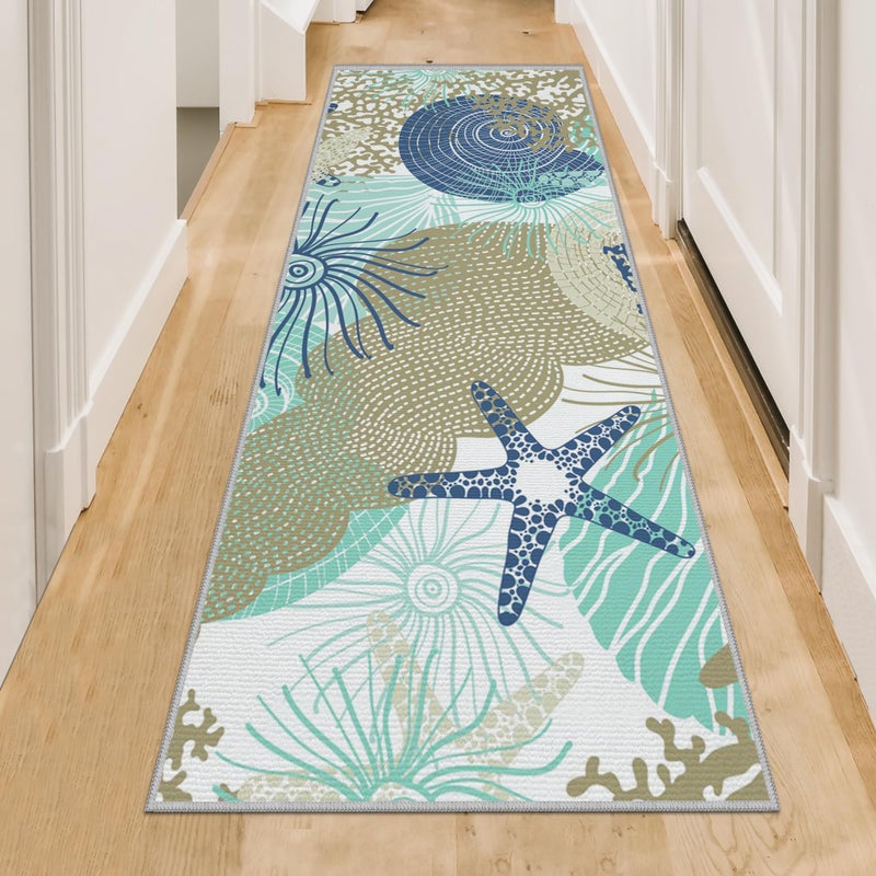 Tritard Coastal Runner Rug 2x6 Nautical Kitchen Hallway Rugs Beach Themed Non-Slip Indoor Floor Mat Machine Washable Rugs Carpet for Bathroom Living Room Bedroom Laundry Room Entryway, Navy - Image 1
