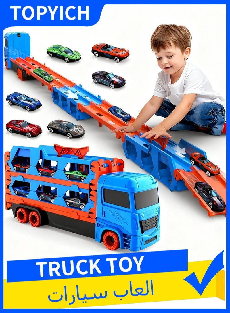 توبيتش لعبة شاحنة - حاويه نقل 2 في 1، مجموعة لعبة سيارات مع 6 سيارات معدنية، ألعاب سيارات لأولاد والبنات من عمر 3 سنوات فما فوق - Image 1