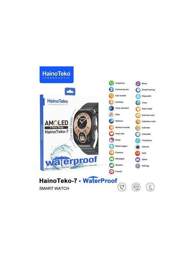 Curved Glass, AMOLED, waterproof smartwatch HT-7 with 3 Pairs Strap - Black