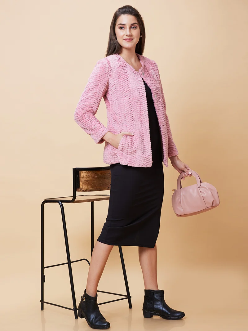 globus Women Rose Self Design Mock Collar Acrylic Overcoat