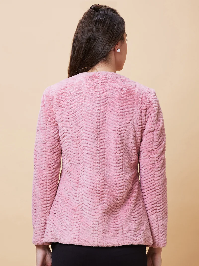 globus Women Rose Self Design Mock Collar Acrylic Overcoat