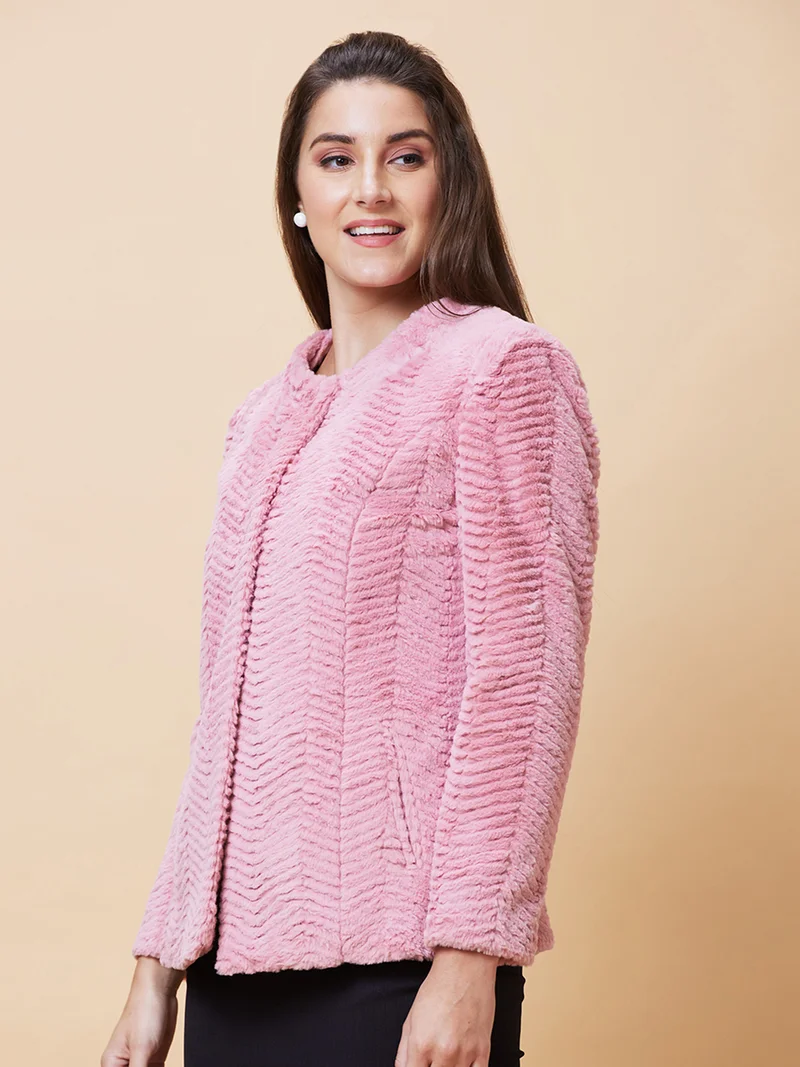 globus Women Rose Self Design Mock Collar Acrylic Overcoat