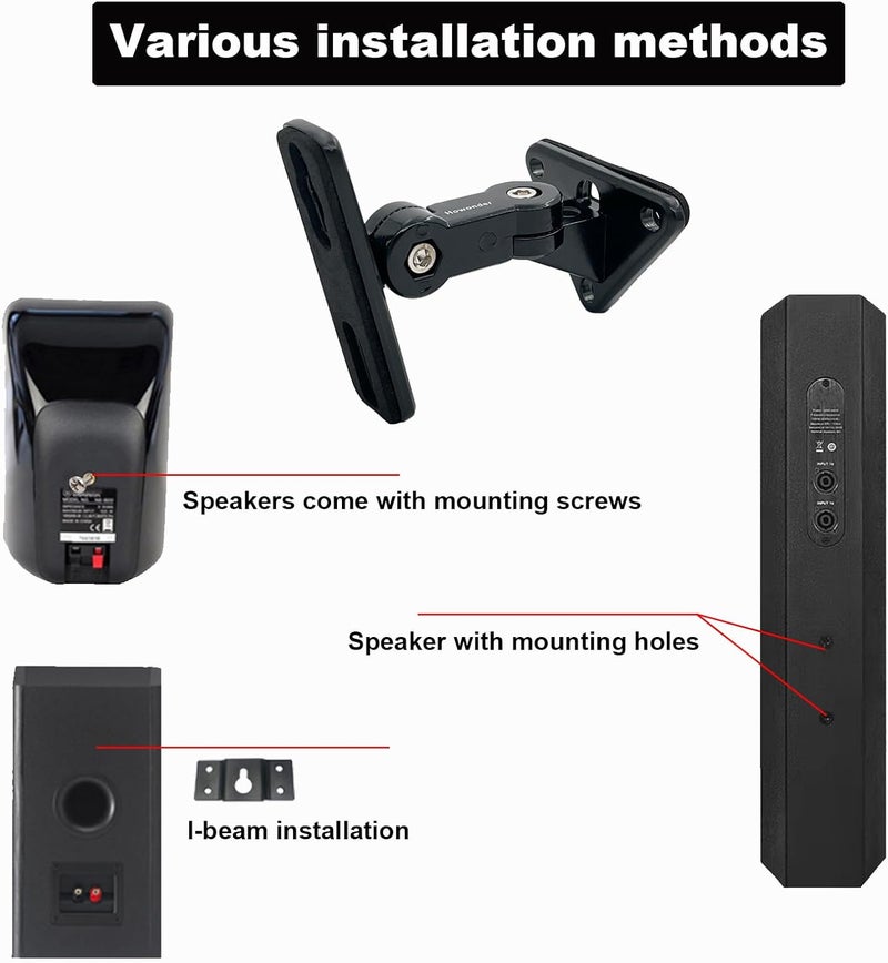 Howonder HD-15 Universal Speaker Wall Mount, Speaker Mount Wall，Speakers Wall Mount Brackets for Small Speakers Swivel & Tilt,Hold up to 15lbs(2 Packs Black) - Image 4