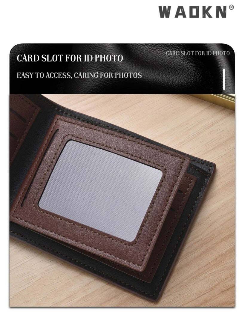 WAOKN Men's Leather  Short Wallet Simple Design tri-fold Business Anti-Theft Credit Card Holder and Money Pocket Suitable for Young People and Students, Fashionable and Comprehensive to Carry Cards Multiple Card Slots, photo ID window,ultra light、wear-resistant、expandable,Multi-function Card Holder for Youth Students, Great Gift for Men - Image 4